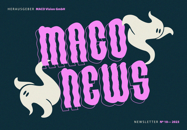 MACO NEWS in großen rosa Buchstaben mit Wellen-Effekt, umgeben von zwei hellbeigen Geistern, Herausgeber MACO